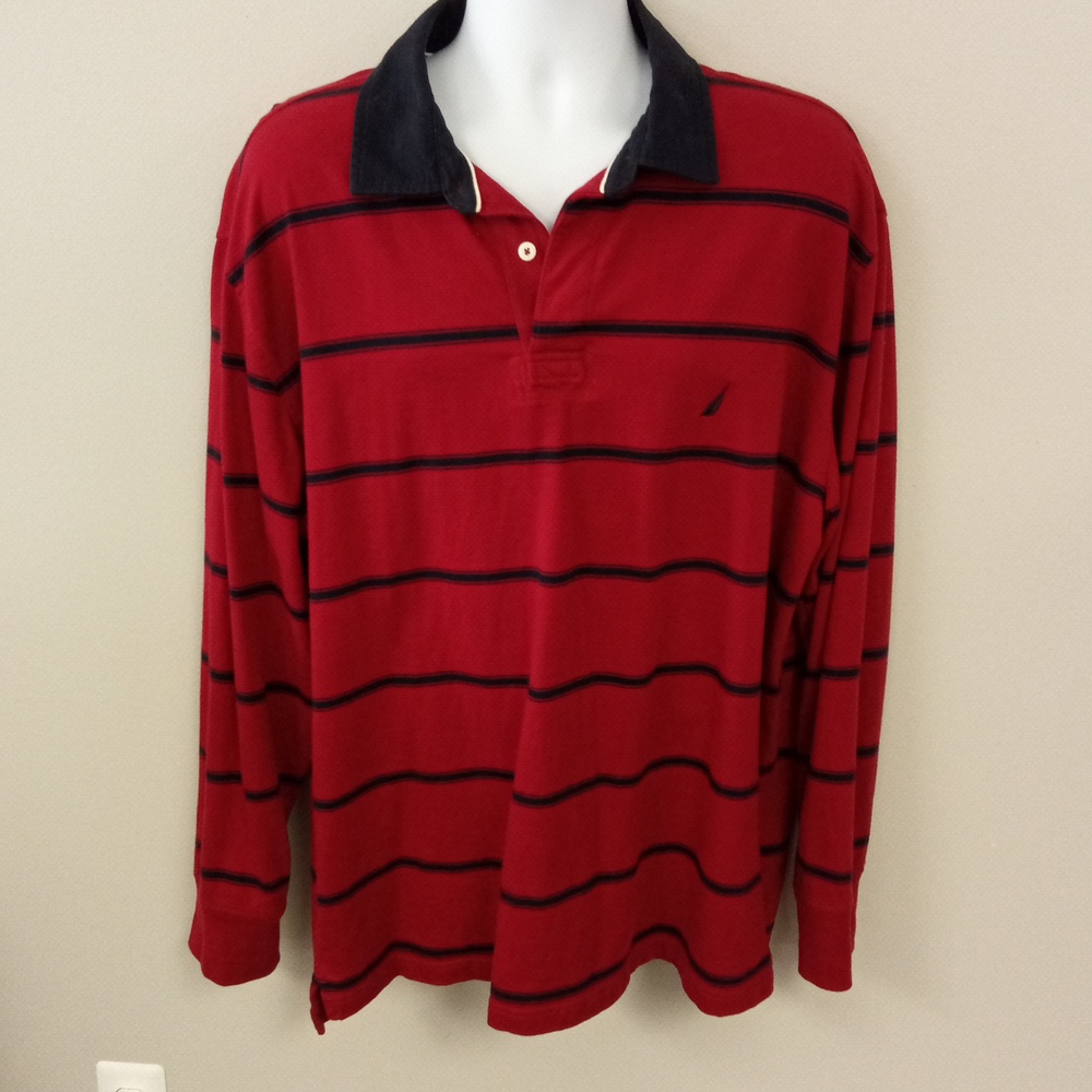 Nautica Men's Red w/ Blue Striped Long Sleeve Polo Shirt XL